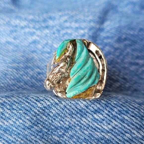 Large Carved Natural Turquoise Horse Head Sterling Silver Ring, Size: 10.5 - Picture 1 of 6